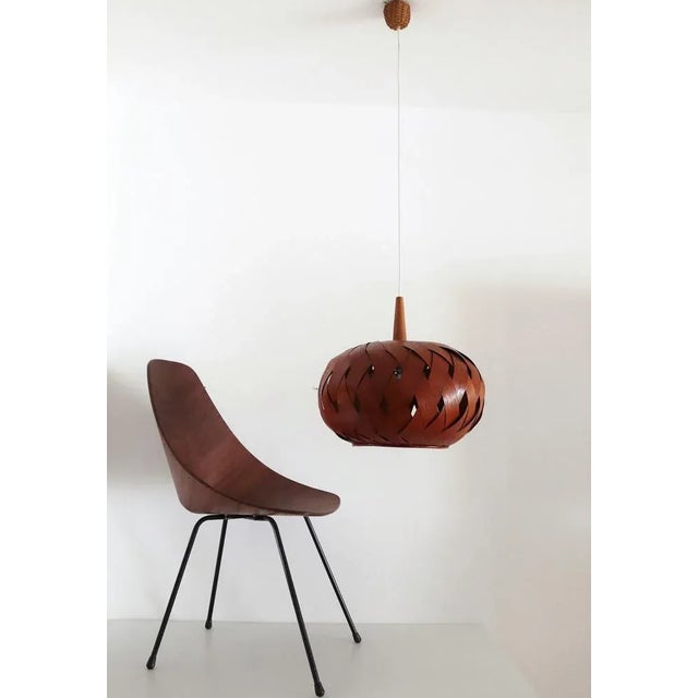 Organic Modernist Natural Teak Wood Veneer and Wicker Pendant Lamp, 1960s For Sale - Image 16 of 18