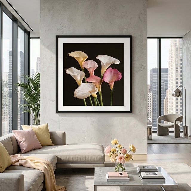 A graceful gathering of calla lilies in ivory, golden yellow, soft blush, and vibrant rose pink. Sculptural petals glow...