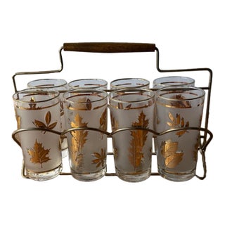 Mid-Century Modern Libby “Golden Foliage”Frosted Highball Glasses and Caddy Set of 8 For Sale