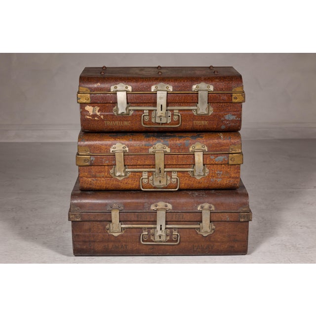 British 1920s Metal Traveling Trunks for Export with Brass Hardware - Set of 3 For Sale In New York - Image 6 of 12