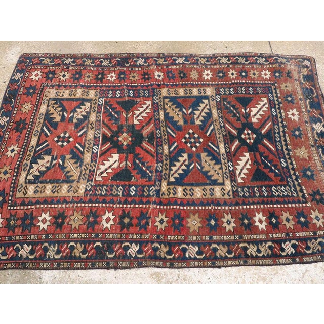 Textile Galerie Shabab Collection Distressed Caucasian Rug With a Tribal Design in Rust, Dark Blue, and Cream For Sale - Image 7 of 8