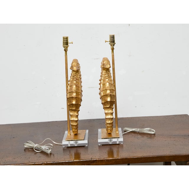 Metal 19th Century Gilt Metal Seahorse Table Lamps on Lucite Bases - a Pair For Sale - Image 7 of 7