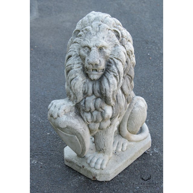 Mid 20th Century Vintage Cast Stone Lion with Shield Garden Statue For Sale - Image 5 of 12