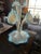 Fenton Epergne with Four Trumpets in a White Milk Glass and Aqua Crest Ruffle Design.