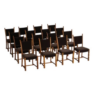 Danish Modern Dining Chairs in Oak and Mohair attributed to Henning Kjærnulf, 1950s, Set of 16 For Sale