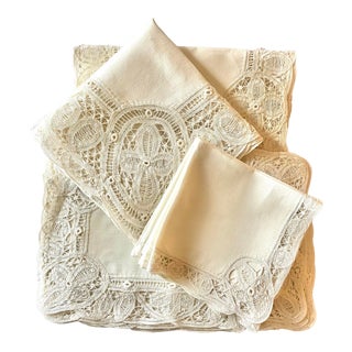 Antique Battenberg Tape Lace Tablecloth, 8 Placemats, Runner and 8 Napkins, 4 Cocktail Napkins- 22 Piece Set For Sale