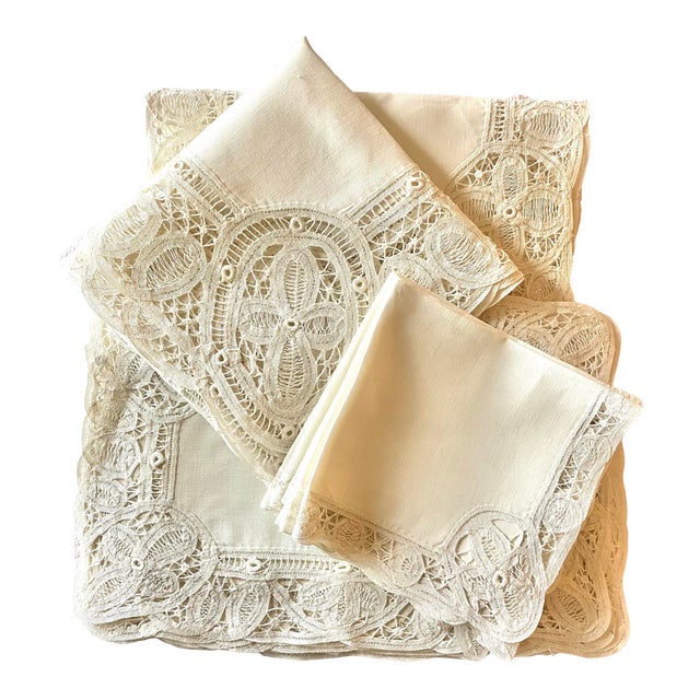 Antique Battenberg Tape Lace Tablecloth, 8 Placemats, Runner and 8