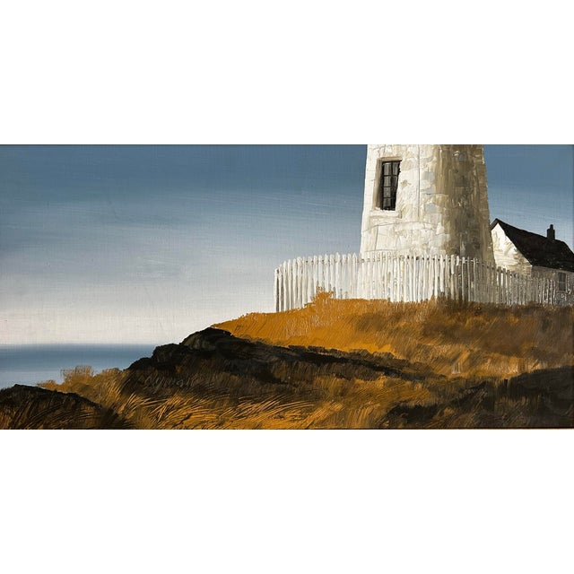 Textile Vintage 1970’s Impressionist Painting of a Lighthouse on the Coast For Sale - Image 7 of 8