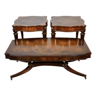 1930 Weiman English Regency Mahogany Leather Top Set Coffee Table & Side Tables For Sale