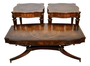 1930 Weiman English Regency Mahogany Leather Top Set Coffee Table & Side Tables