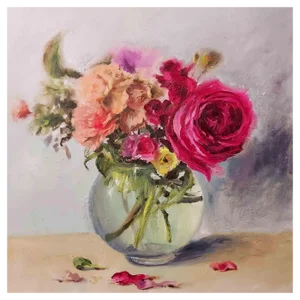 Elena Mardashova, Flowers in the Round Vase, Oil on Canvas, 2022