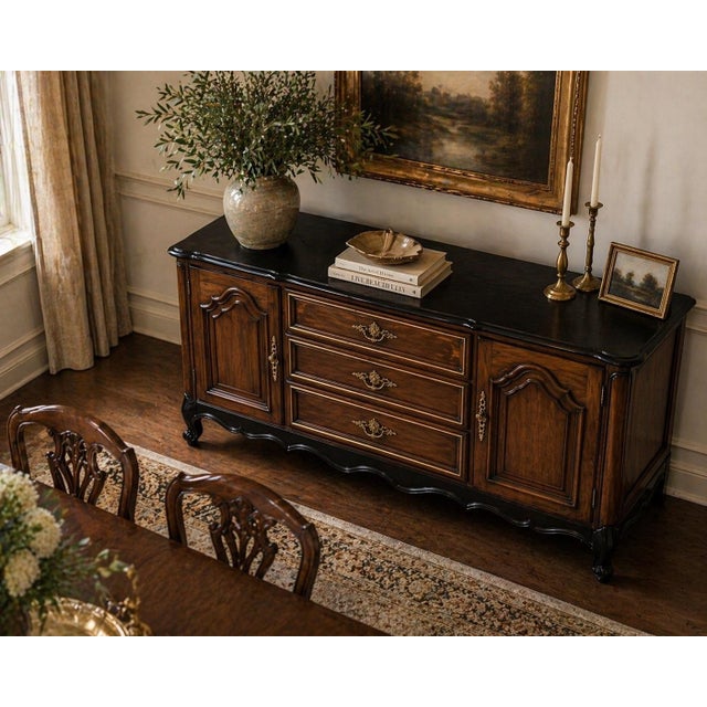 Gothic Vintage French Provincial Sideboard Buffet – Black Satin Top & Skirt, Tobacco Wood Finish, Gilt Hardware – 60” For Sale - Image 3 of 12