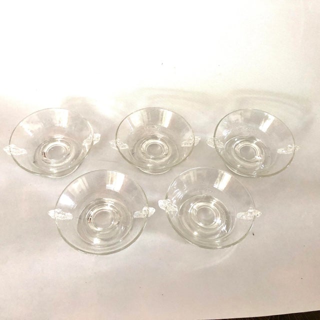 Vintage set of 5 clear glass with handles Berry, dessert or ice cream bowls, no makers mark in excellent condition. 5.5”L...