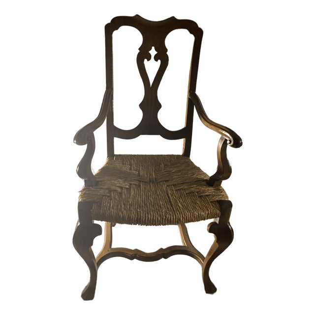 This Is a 19th-Century Venetian Baroque Armchair Crafted From Hand-Carved Walnut With a Hand-Woven Rush Seat. Hand Carved Walnut Rustic Arm Chair. For Sale