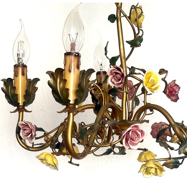 Italian Metal and Porcelain Flower Chandelier, 1940s For Sale - Image 6 of 17
