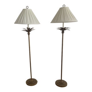 Leaf Motif Floor Lamps With Silk Shades - a Pair For Sale