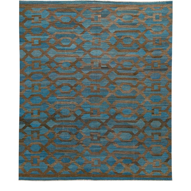 Modern Geometric Kilim Handmade Room Size Blue Wool Rug For Sale