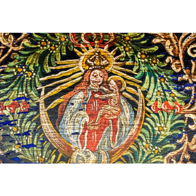 Wood Striking Hand Painted Antique Domed Wood Casket Box With Key Madonna and Child Religious Scene For Sale - Image 7 of 18