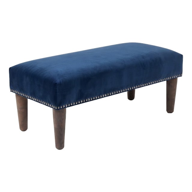 Mid-Century Hungarian Bench in Blue Velvet with Nailhead Trim For Sale