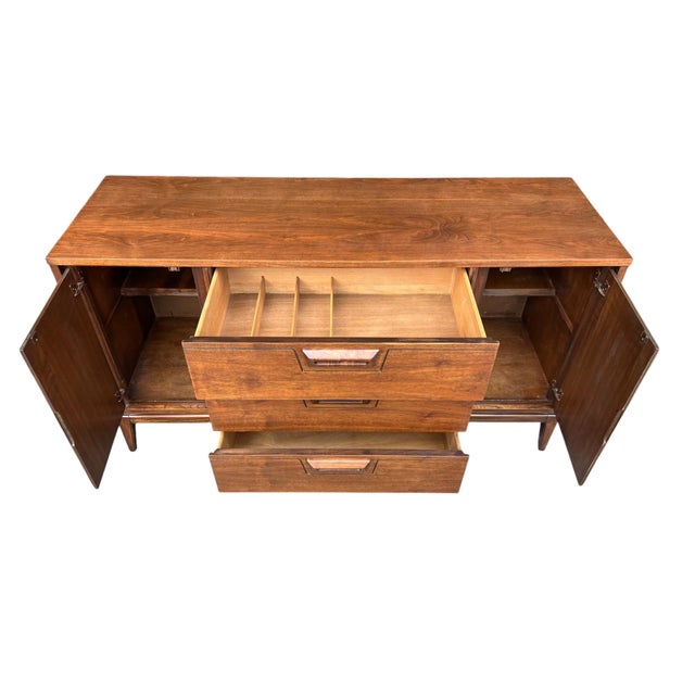 Auburn Mid-Century Modern Walnut Buffet With Sculpted Drawer Pulls- Restored For Sale - Image 8 of 13