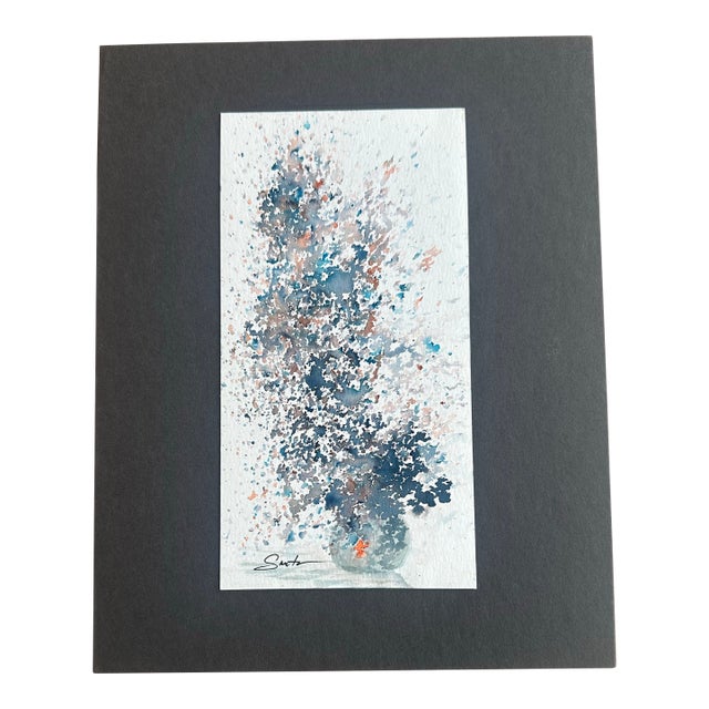 “Soft Bloom in Blue” Matted Original Watercolor Botanical by Nancy Smith For Sale