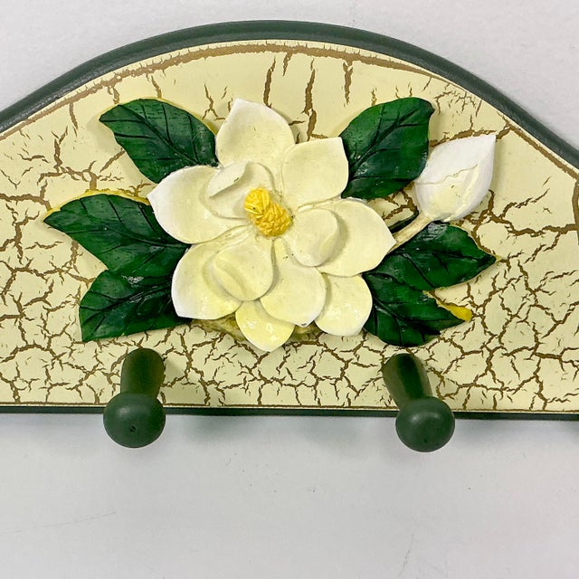 Wood 1980s Vintage Coastal Boho Chic Hand-Painted Magnolia Wall Mounted Hook - 4 Pegs For Sale - Image 7 of 8