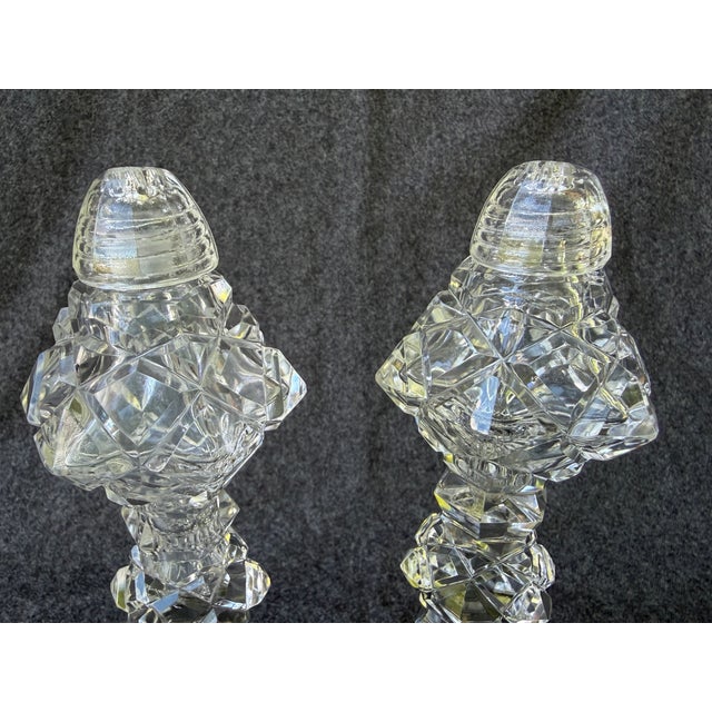 Tall vintage pair of American Brilliance Period cut crystal, diamond cut, heavy weight pedestal stems, salt and pepper...
