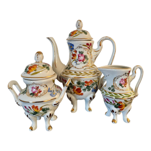 Antique Floral Limoges 1920s Tall Pitcher Covered Sugar Dish and Creamer