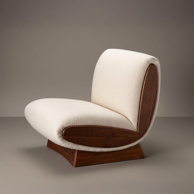 Ivory Onda Lounge Chairs by Object Refinery in Ivory Italian Bouclé & Walnut, Pair For Sale - Image 8 of 9