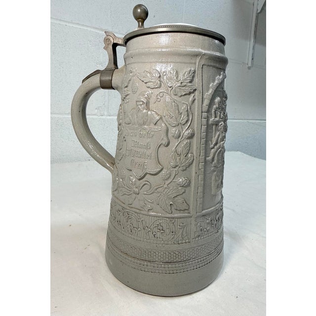 Gray Large Antique 1800's German Pottery Porcelain Pewter Lidded Beer Stein Mug For Sale - Image 8 of 13