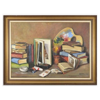 Unknown, Still Life with Palette and Books, Oil on Canvas, 1969, Framed For Sale
