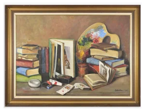Unknown, Still Life with Palette and Books, Oil on Canvas, 1969, Framed