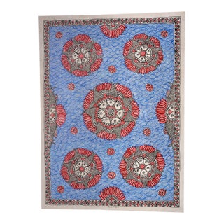 Blue Symphony – Original Hand-Painted Madhubani Floral Mandala Folk Art by National Award Winner Mamta Devi For Sale