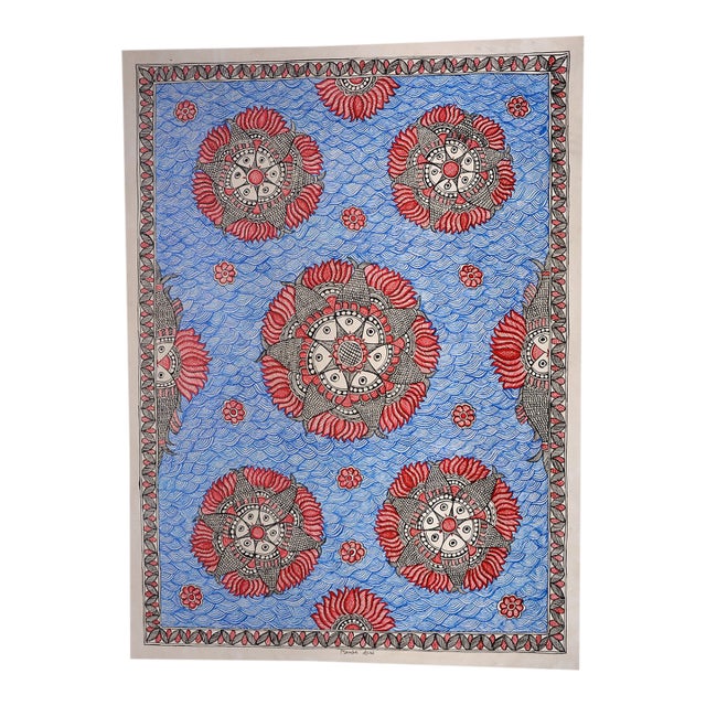 Blue Symphony – Original Hand-Painted Madhubani Floral Mandala Folk Art by National Award Winner Mamta Devi For Sale