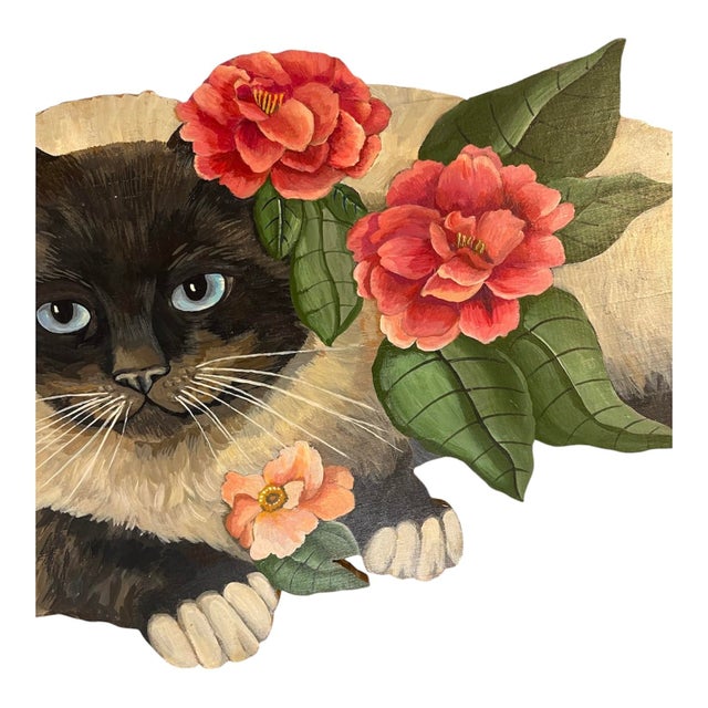 American Vintage Original Painting Siamese Cat With Flowers For Sale - Image 3 of 6
