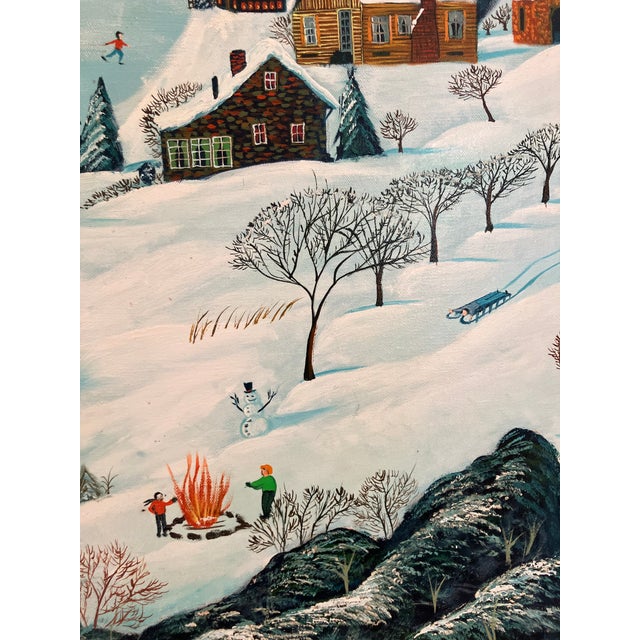 Large Vintage Winter Folk Painting by Stan Well For Sale - Image 4 of 13