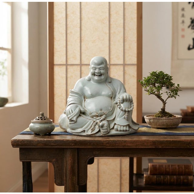 1980s Oriental White Happy Laughing Buddha Ru Yi Praying Beads Porcelain Figure For Sale - Image 5 of 11