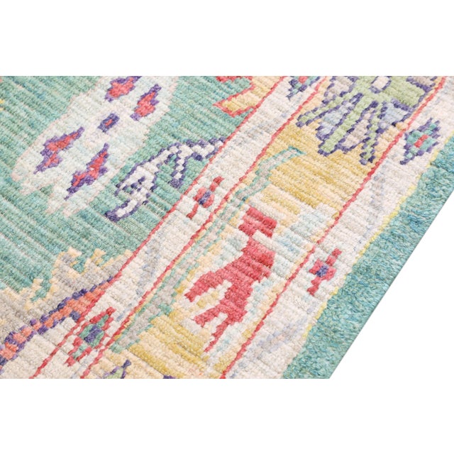 Early 21st Century Green Multicolor Handwoven Wool Turkish Oushak Rug 5'5' X 7'7" For Sale - Image 4 of 9