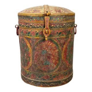 Antique Indonesian Handcrafted Metal Storage Vessel With Hand-Painted Floral Cartouches & Ornamental Hardware For Sale