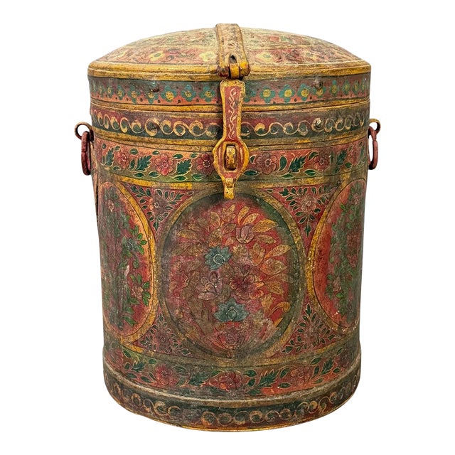 Antique Indonesian Handcrafted Metal Storage Vessel With Hand-Painted Floral Cartouches & Ornamental Hardware For Sale