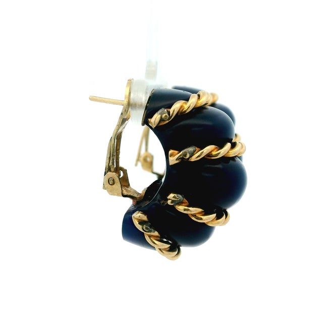Modern 1960 Estate Blue Agate & 14k Gold Ribbed Earrings For Sale - Image 3 of 14