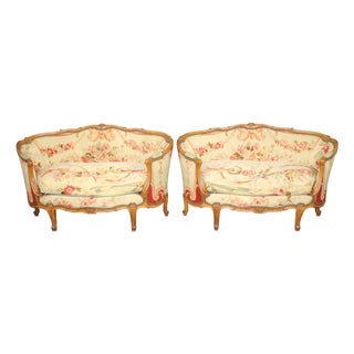 Pair Antique Late 19th C Louis XV Style Aubusson Canopy Settees For Sale