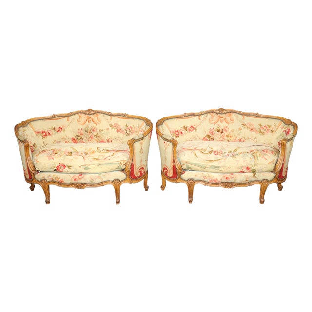 Pair Antique Late 19th C Louis XV Style Aubusson Canopy Settees For Sale