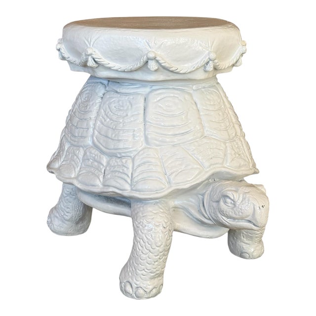 Monumental White Terra Cotta Turtle Garden Stool / Sculptural Side Table For Sale