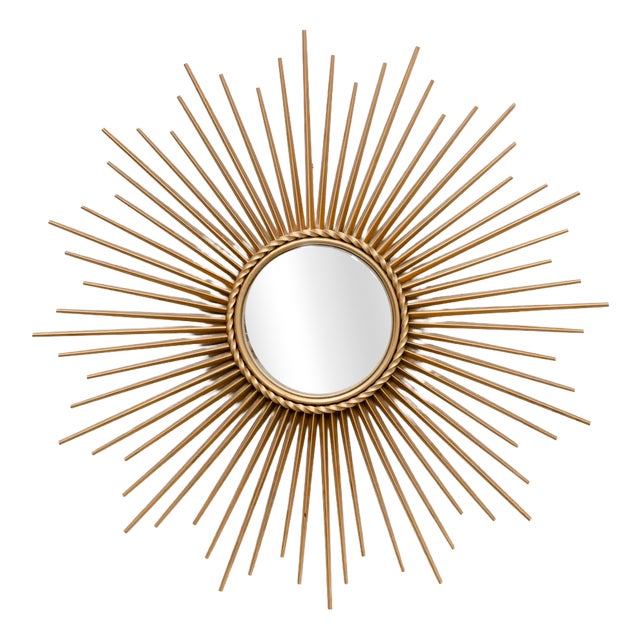 Vintage Sunburst Mirror in Gilded Metal and Curved Glass from Chaty Vallauris, 1950s For Sale