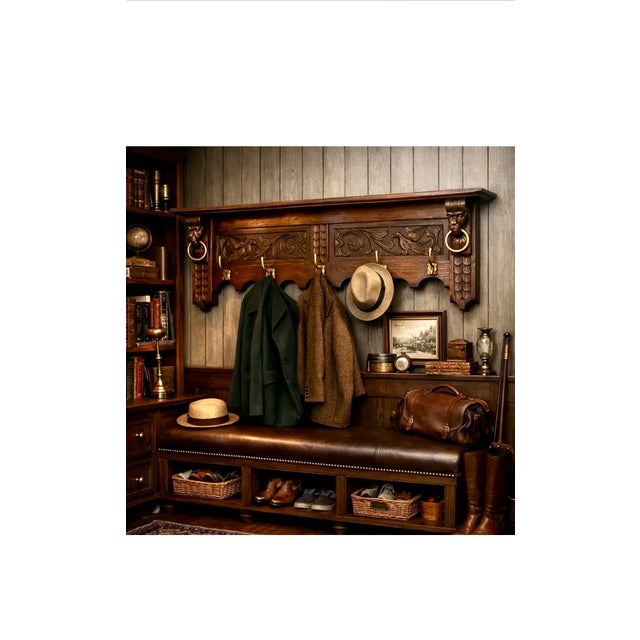 This late 19th C/early 20th C Gothic wall shelf, coat & hat rack combines dramatic style with everyday function. Crafted...