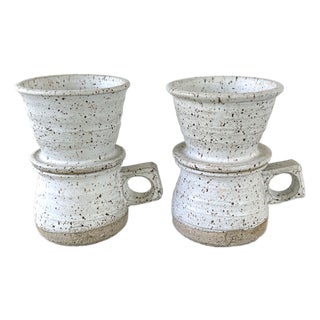 Coastal Cape Cod Pottery Coffee Cups with Drip Cups - Pair For Sale