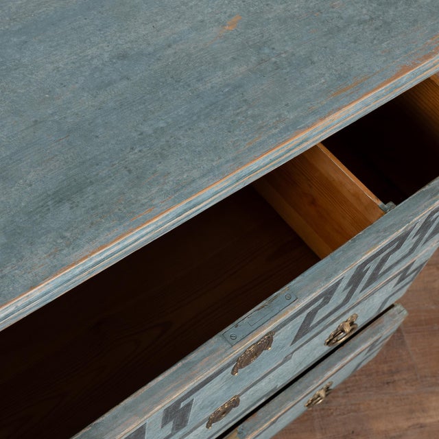 Blue 19th Century Swedish Gustavian Blue Chest of Three Drawers With Greek Key Design For Sale - Image 8 of 14