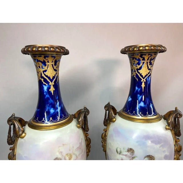 Blue Pair of 19th-Century French Sevres Porcelain Vases With Gilded Bronze Mounts For Sale - Image 8 of 12
