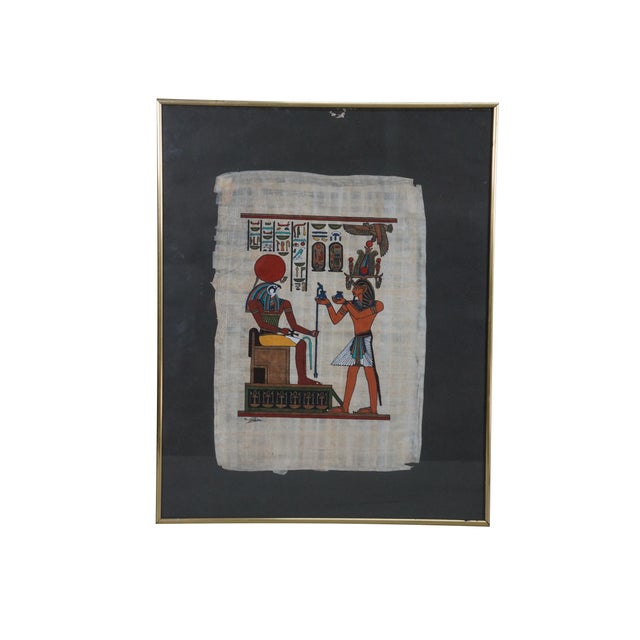 Two framed Egyptian Revival Papyrus paintings. -King Ramses II and Queen Nefertari making Lotus flower offerings to a...